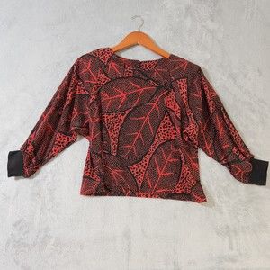 Red Black Geometric Leaf Pattern 3/4 Sleeve Blouse Padded Shoulder Floral Shirt